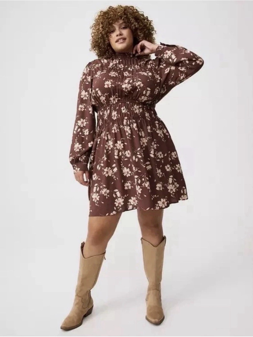 Torrid Mini Wash Challis Smocked Neck Ruched Dress Brown & Pink Floral Size 6x